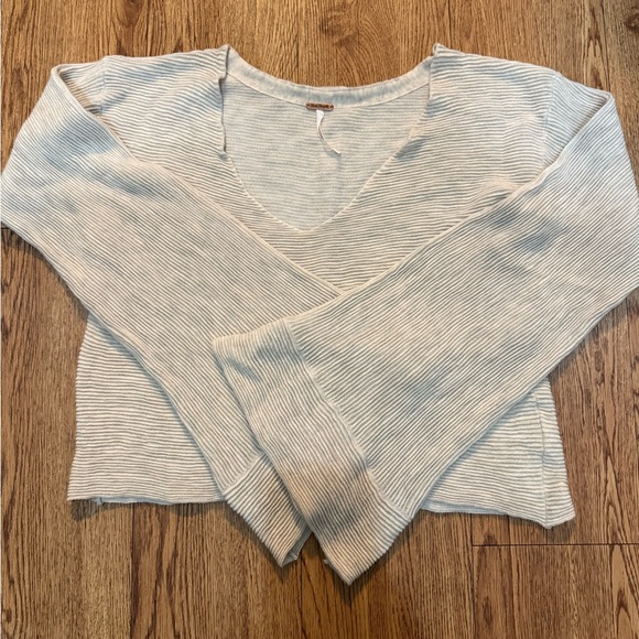 Free People Cream/Taupe/Gray Striped Ribbed Crop Top — Size S - Picture 2 of 2